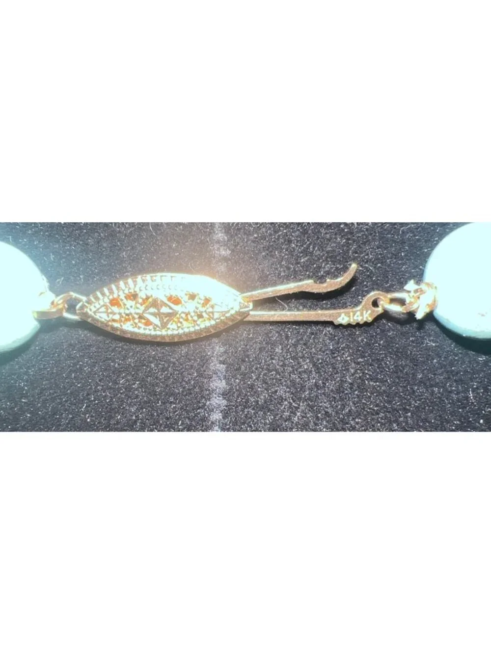 Vintage 14K Clasp & Beads Blue & White Beaded Necklace Carved Centerpiece